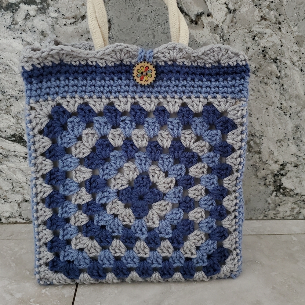 Hand Crochet Blue and Gray Crochet Tote Bag